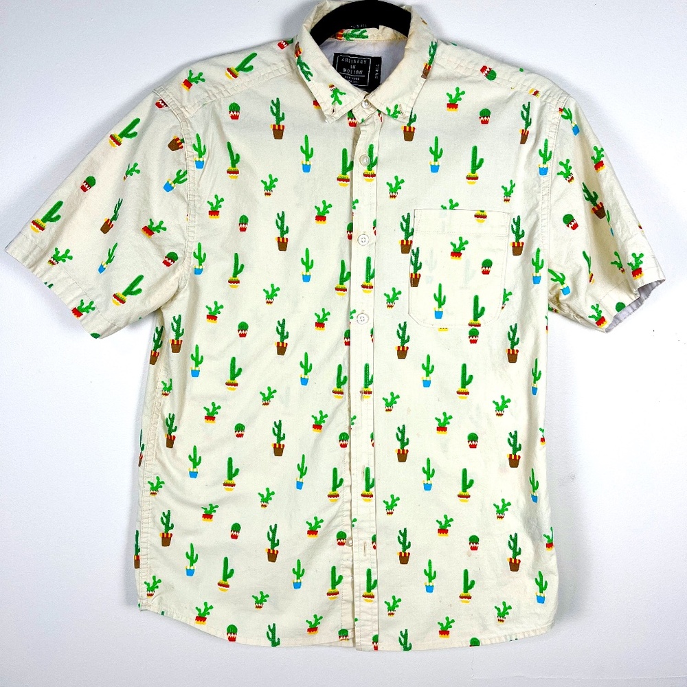 Unisex Light yellowish green cactus print button up shirt Artistry In Motion